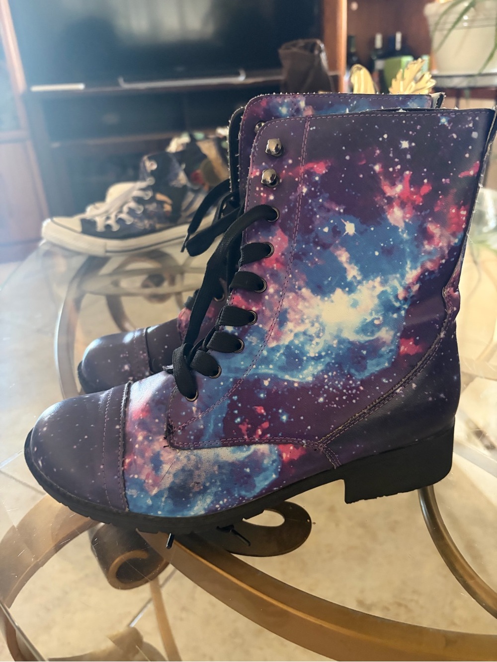 Galaxy Print Lace-Up Combat Boots - Purple